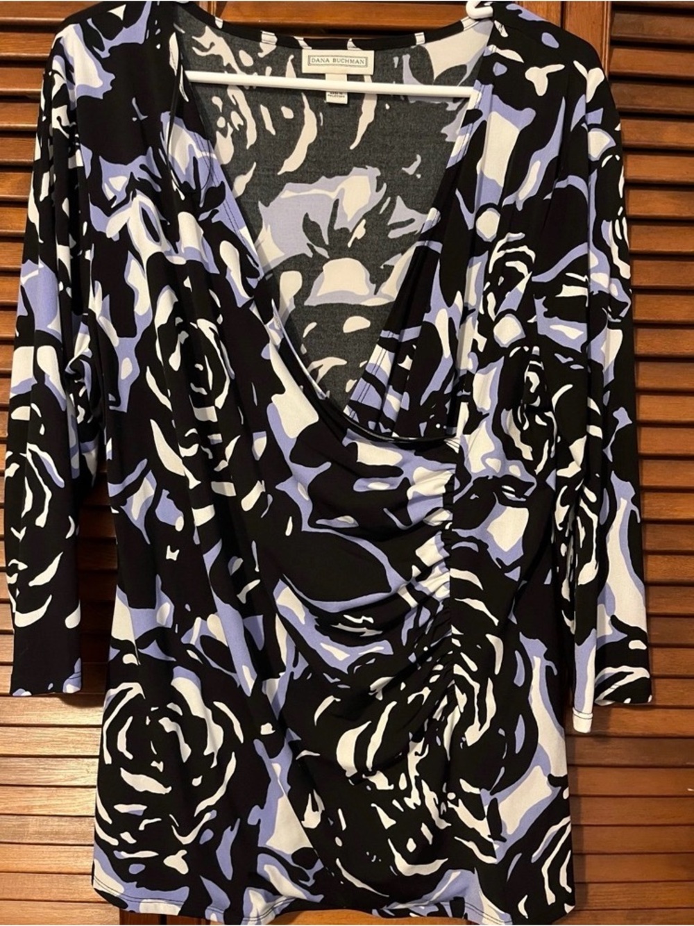 Dana Buchman Black, Lavender & White Floral Ruched Wrap-Style Top XL